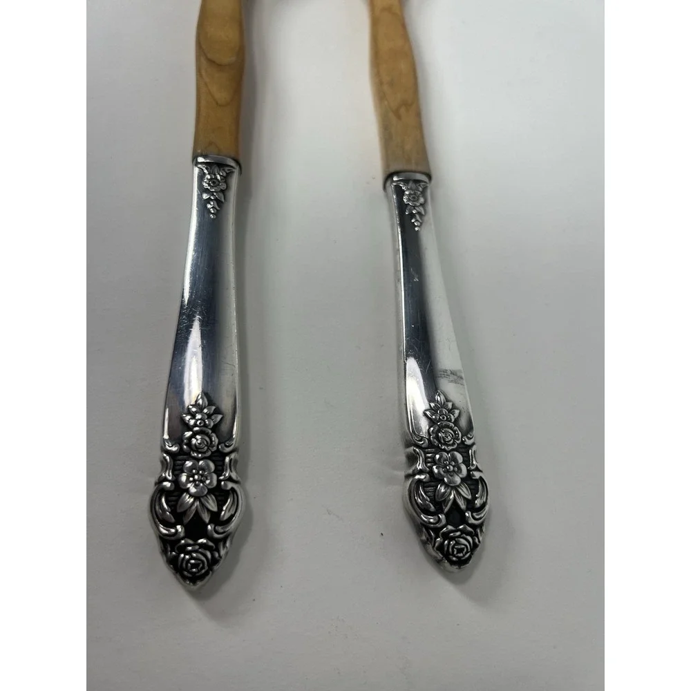 Oneida Prestige Distinction Wooden Teak Silverplate Salad Serving Fork Spoon Set